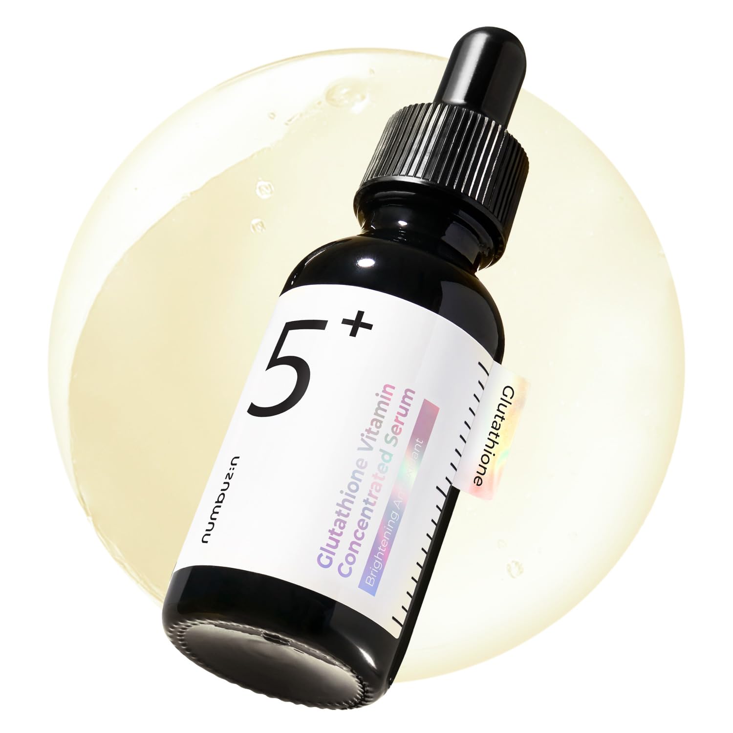 Numbuzin No.5 serum bottle closeup, showcasing a sleek design for a lightweight glow.