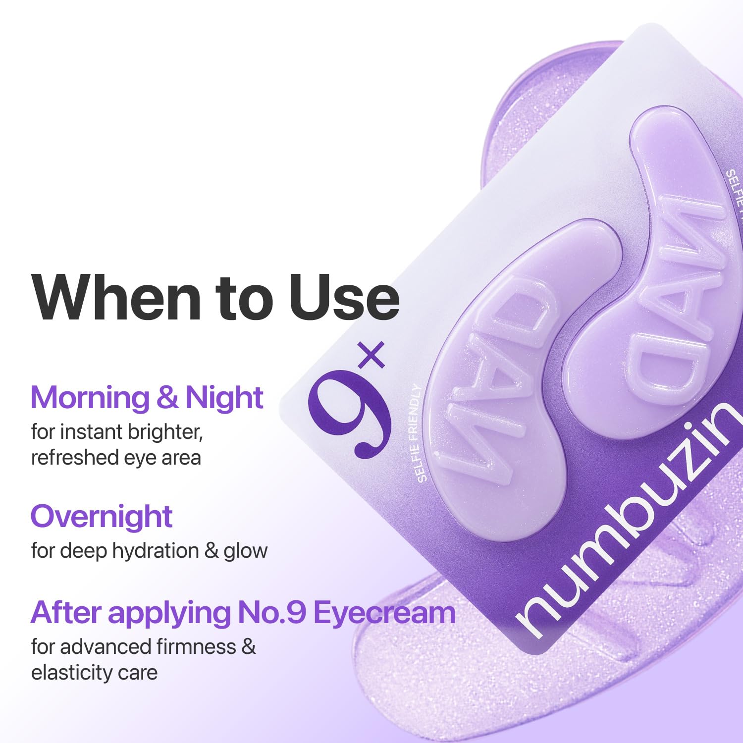 numbuzin No.9 Eye Patches label emphasizes NAD+, collagen, and peptides.