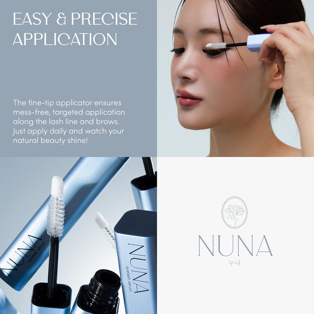NUNA serum near brows suggests enhanced lash and brow conditioning.