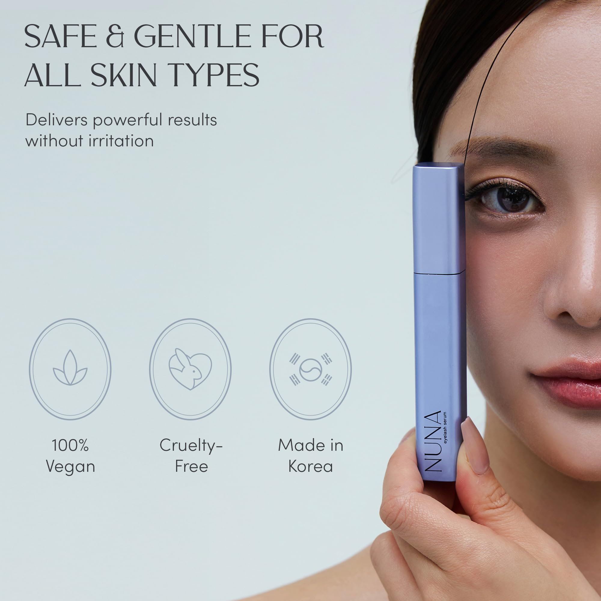 NUNA multi-peptide formula visual implies advanced care for lashes.