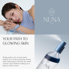 NUNA Ultra Hydrating Face Serum Spray ingredients bottle highlighting hyaluronic complex.