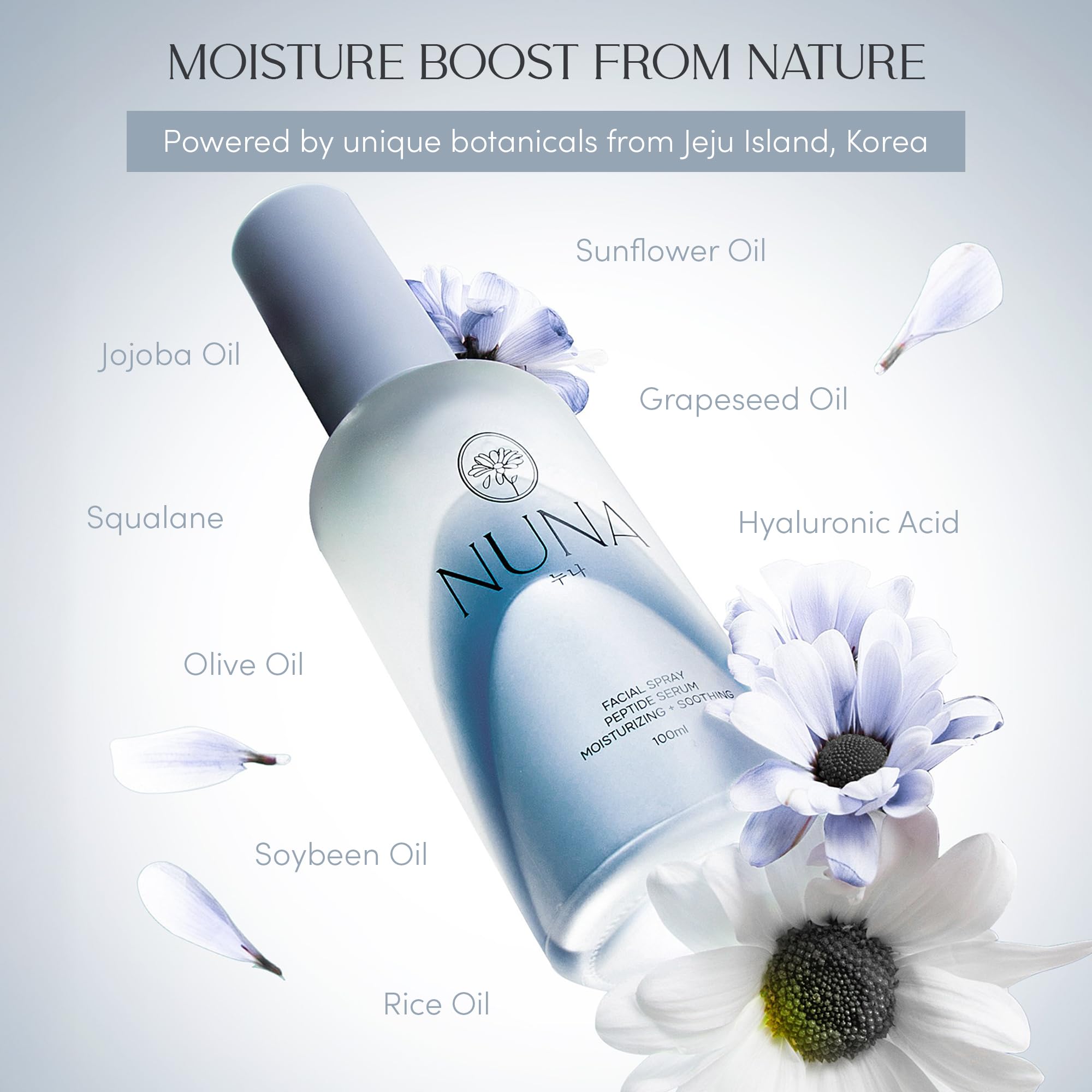 NUNA Ultra Hydrating Face Serum Spray hyaluronic complex drop over skin for plump look.