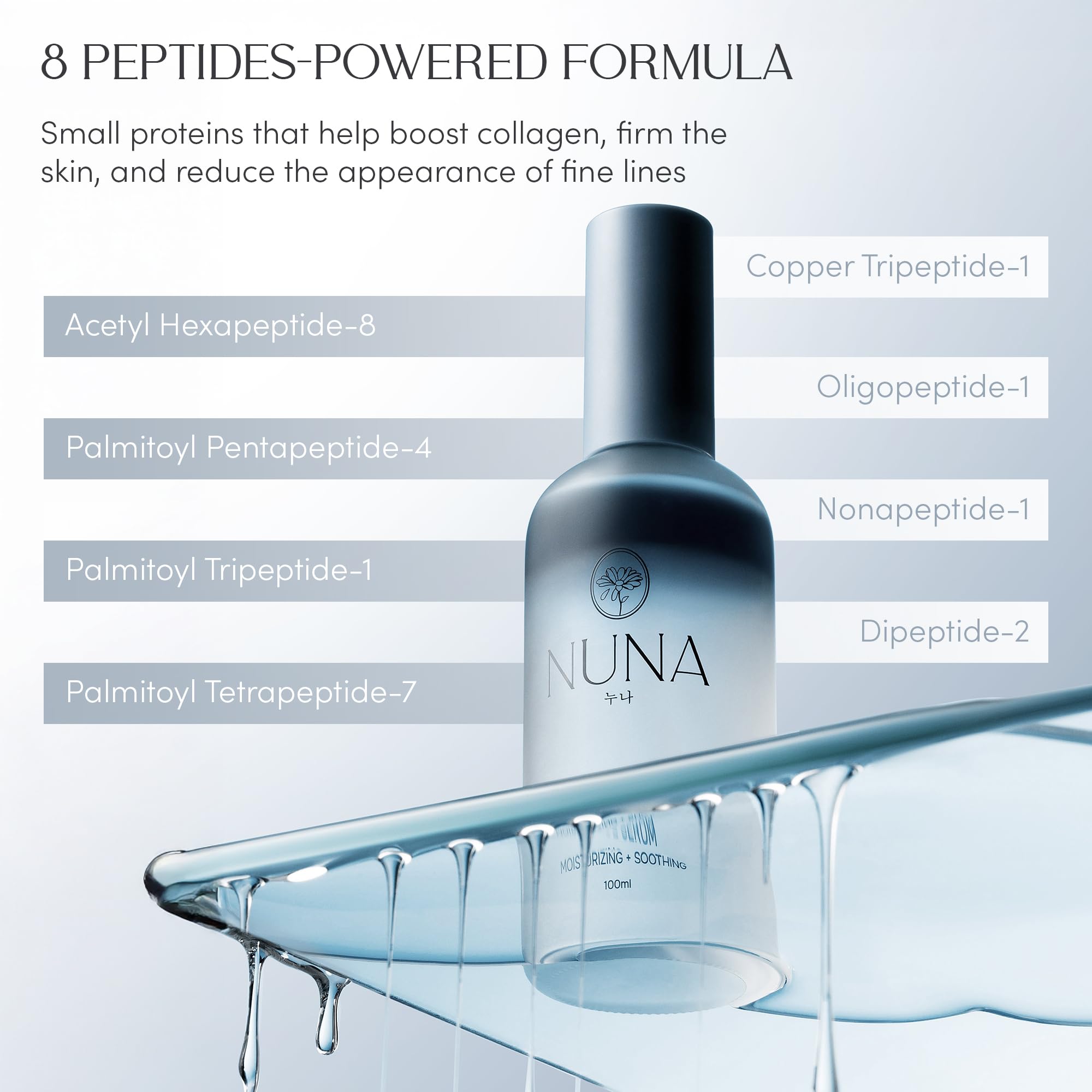 NUNA Ultra Hydrating Face Serum Spray peptide-infused formula across clean skin.