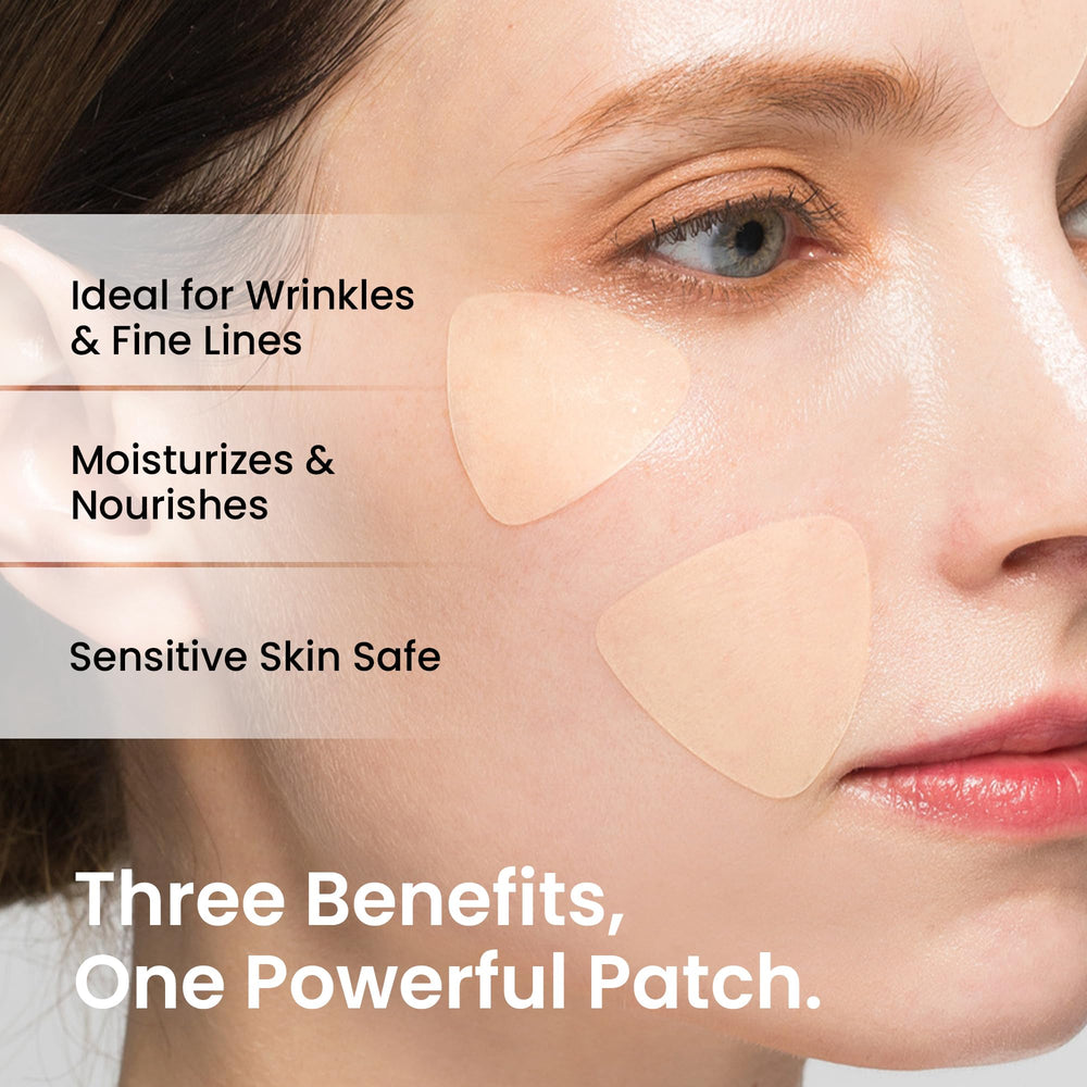 Close-up of Nurive patches shows hydrating formula supporting smoothing look.
