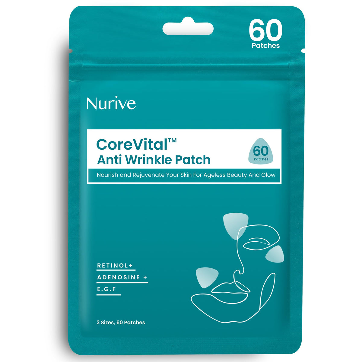NURIVE Advanced Wrinkle Patches packaging shows easy nightly use.