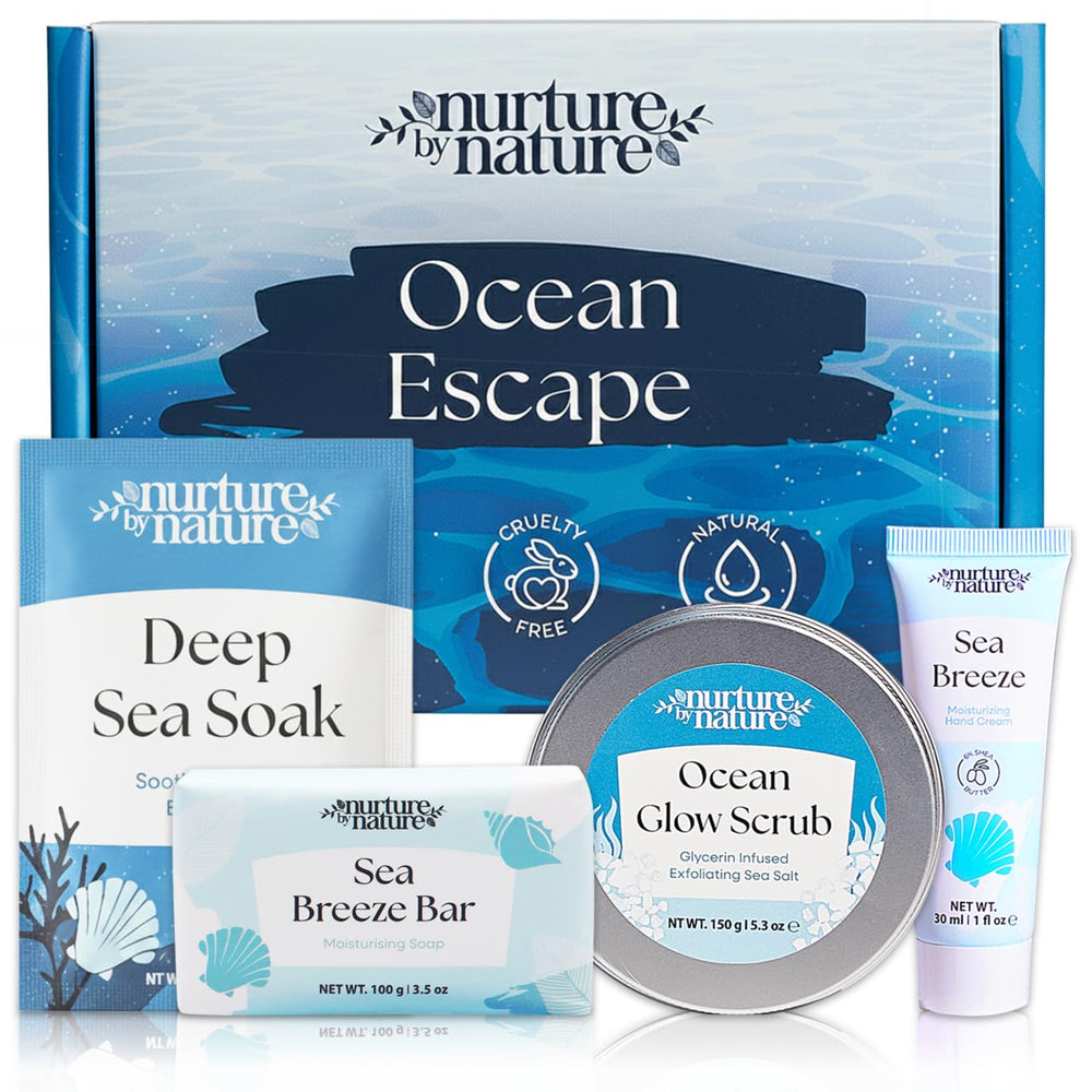 Nurture by Nature Botanicals Ocean Escape body scrub close-up with salt granules for refreshed, hydrated skin.