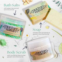 Nurture by Nature Botanicals bath salts image conveys mineral-rich relaxation