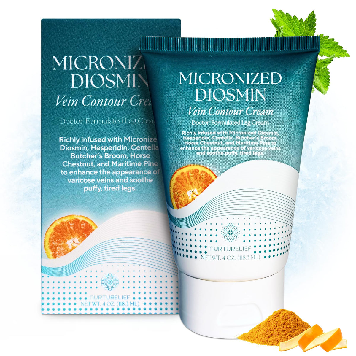 Nurturelief spider and varicose veins cream bottle closeup for vein care and cooling
