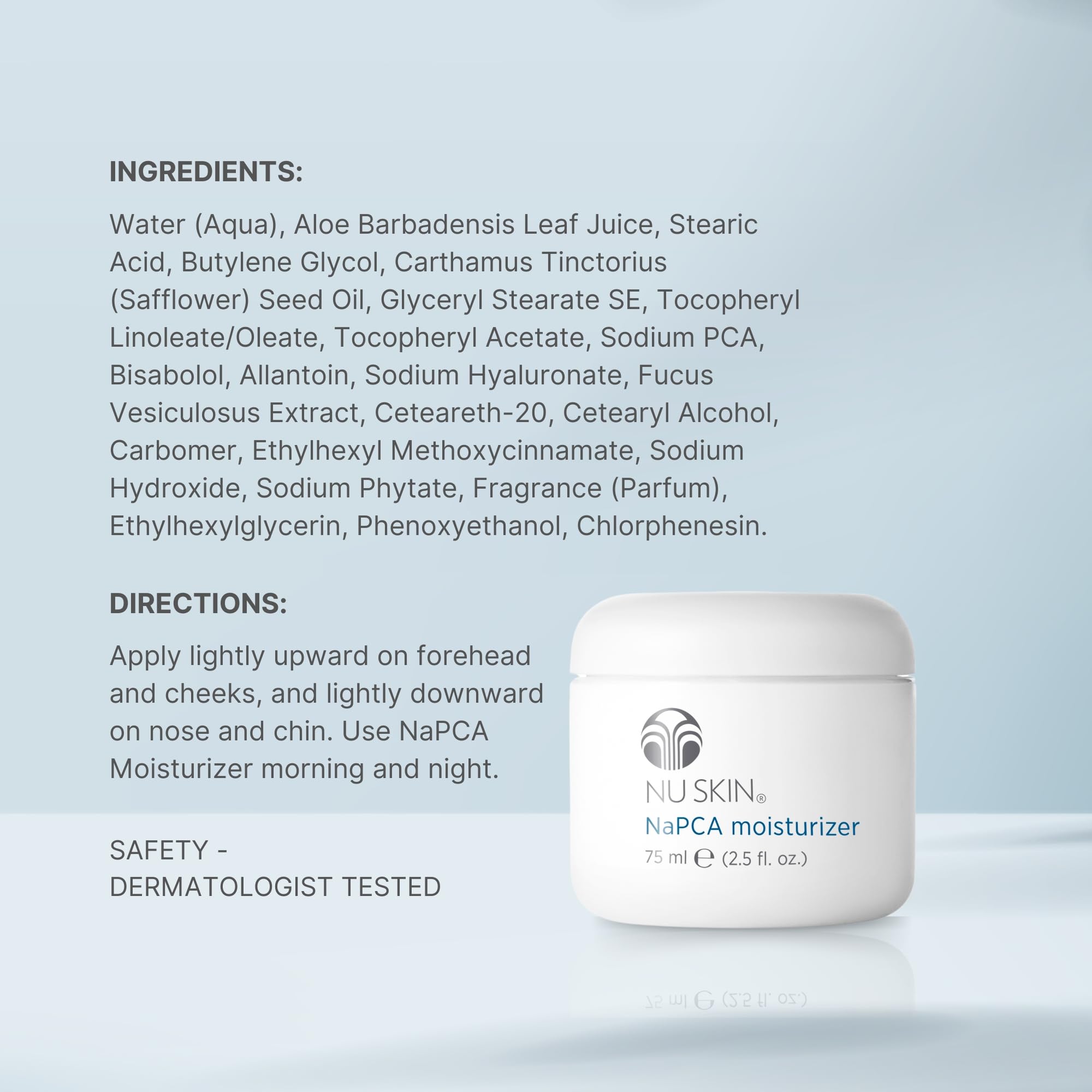 Nu Skin Napca Moisturizer packaging; dermatologist-tested for all skin types.