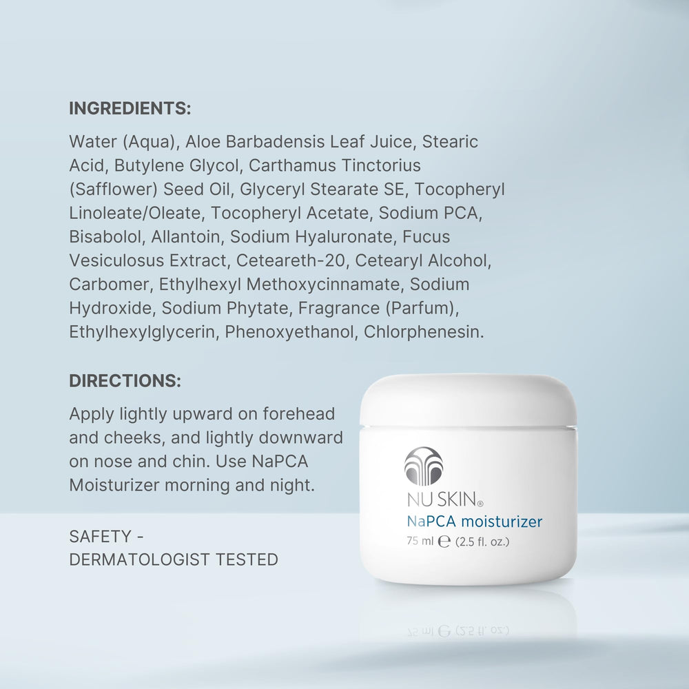Nu Skin Napca Moisturizer packaging; dermatologist-tested for all skin types.