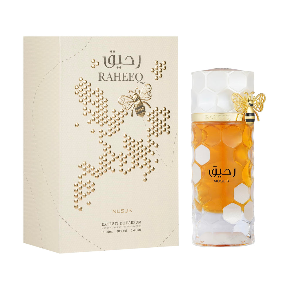 Nusuk Raheeq perfume bottle front view highlighting luxury gift packaging