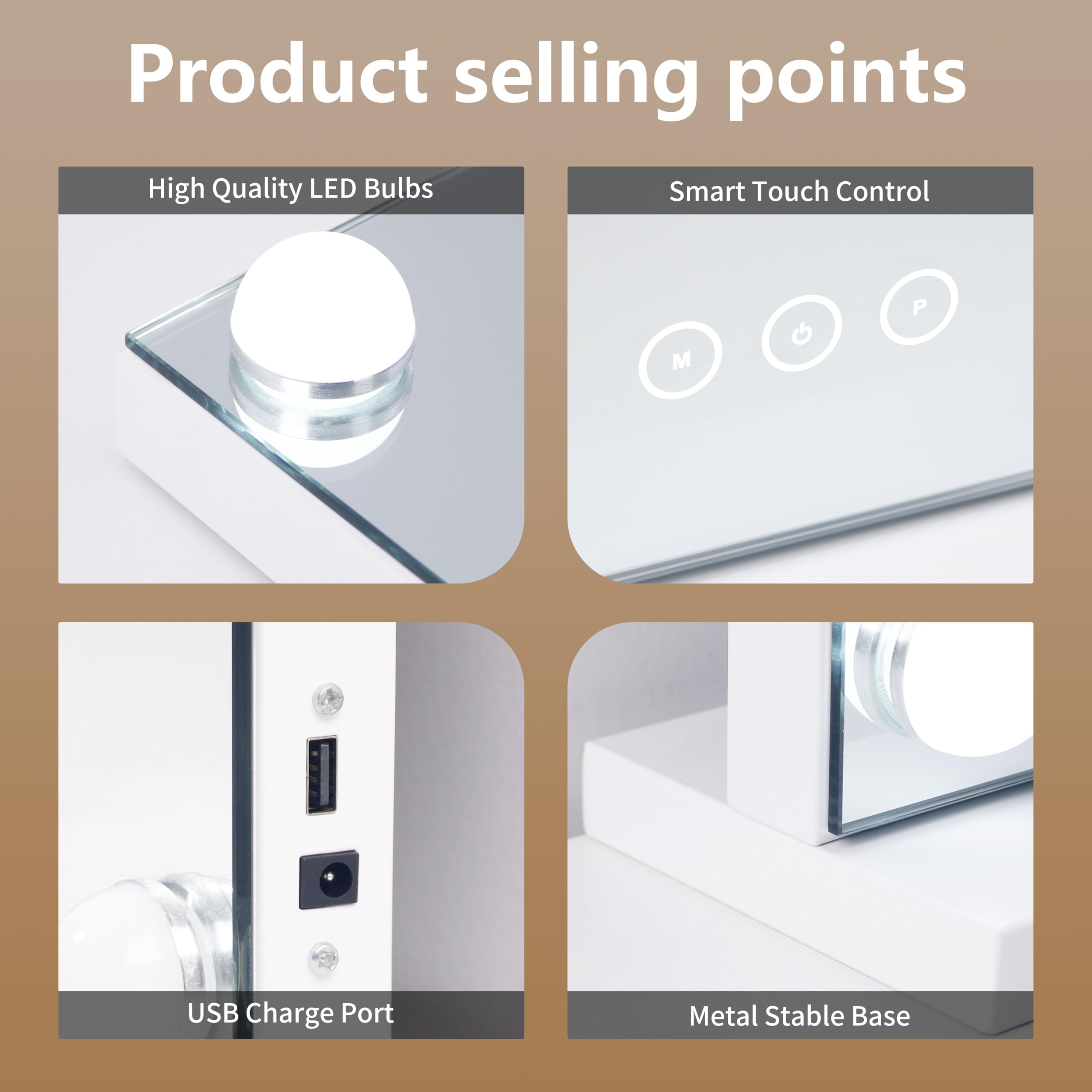NUSVAN vanity mirror touch-control panel enables quick brightness and mode changes.