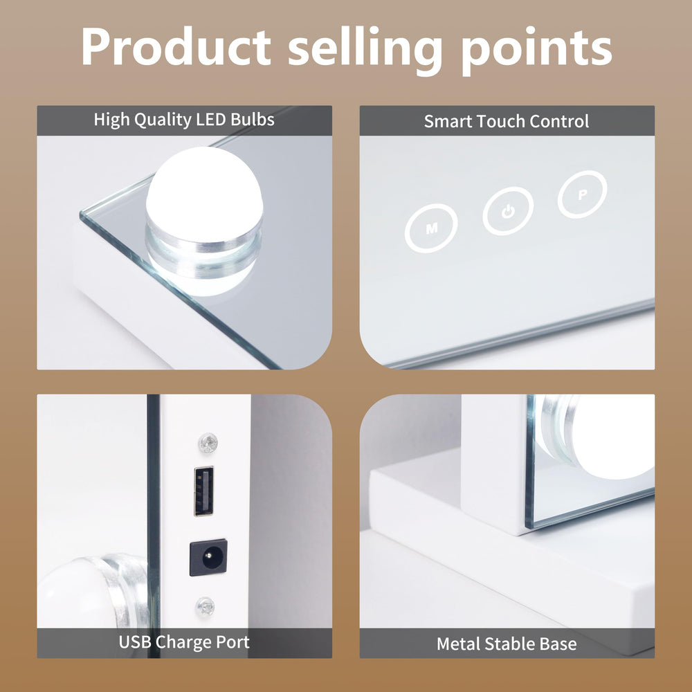 NUSVAN vanity mirror touch-control panel enables quick brightness and mode changes.