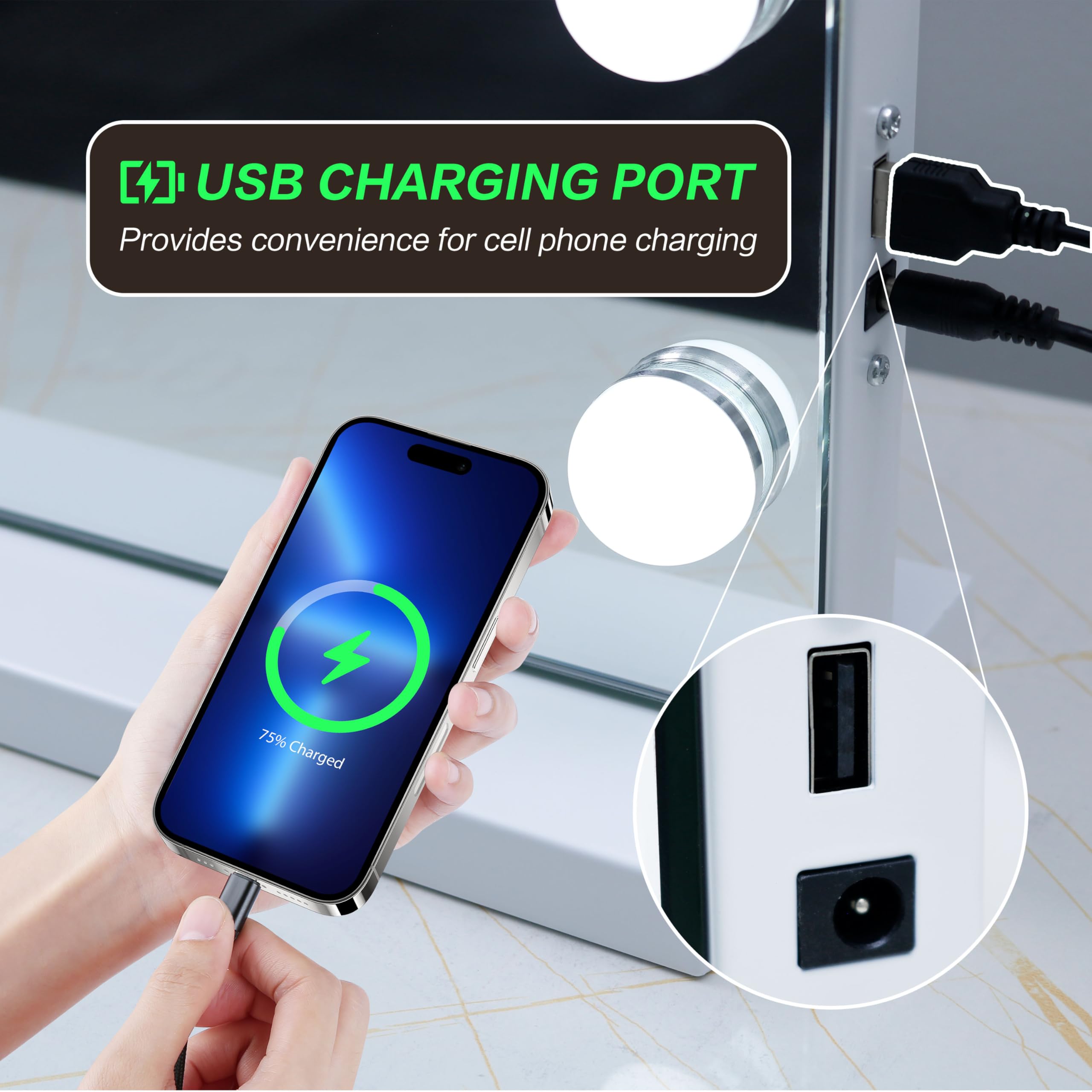 NUSVAN vanity mirror includes USB charging for convenient power on the go