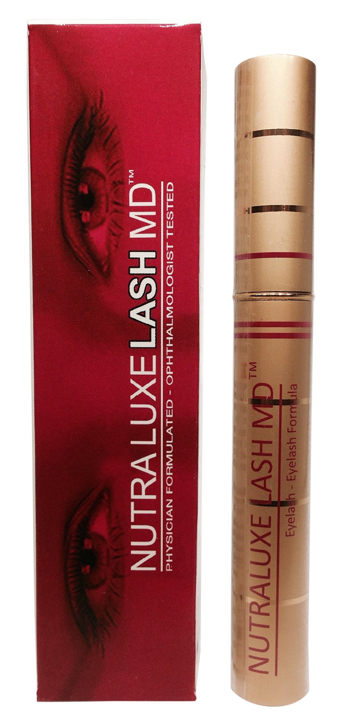Nutra Luxe Md lash-enhancer bottle supports fuller lashes and daily lash care.