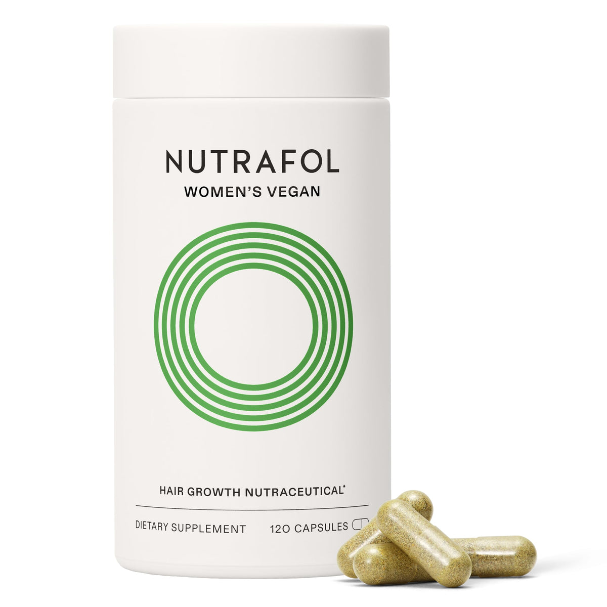 Nutrafol bottle front view showing product and benefit for thicker hair