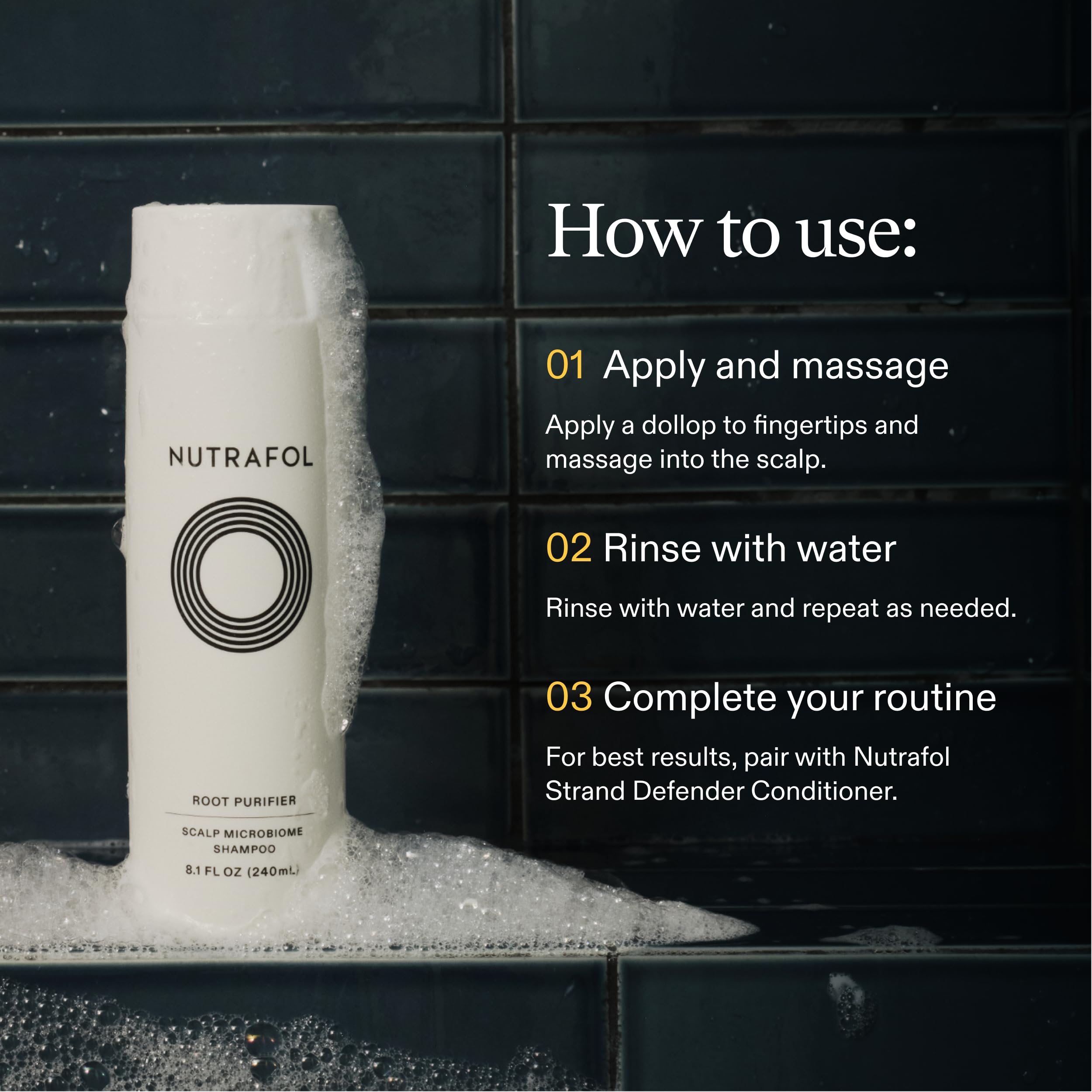 Nutrafol bottle styled on bath shelf, suggests daily routine integration and premium look