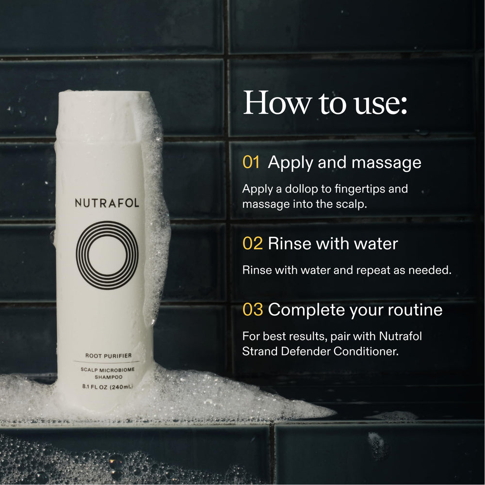 Nutrafol bottle styled on bath shelf, suggests daily routine integration and premium look