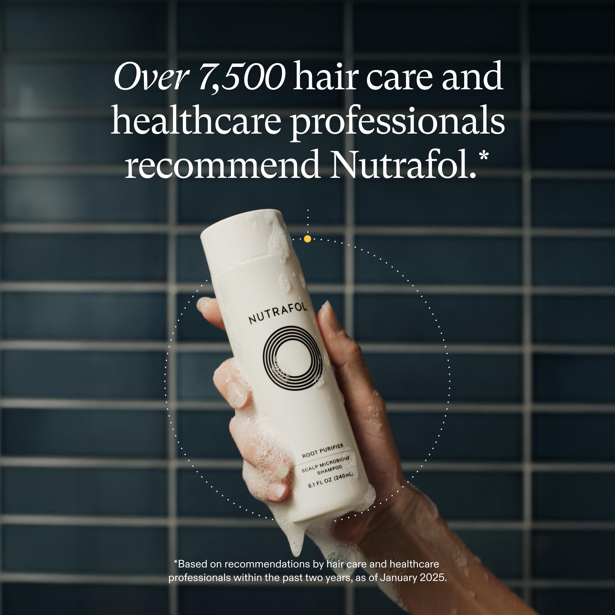 Nutrafol bottle in hand for scale, demonstrates compact 8.1 fl oz travel-friendly size