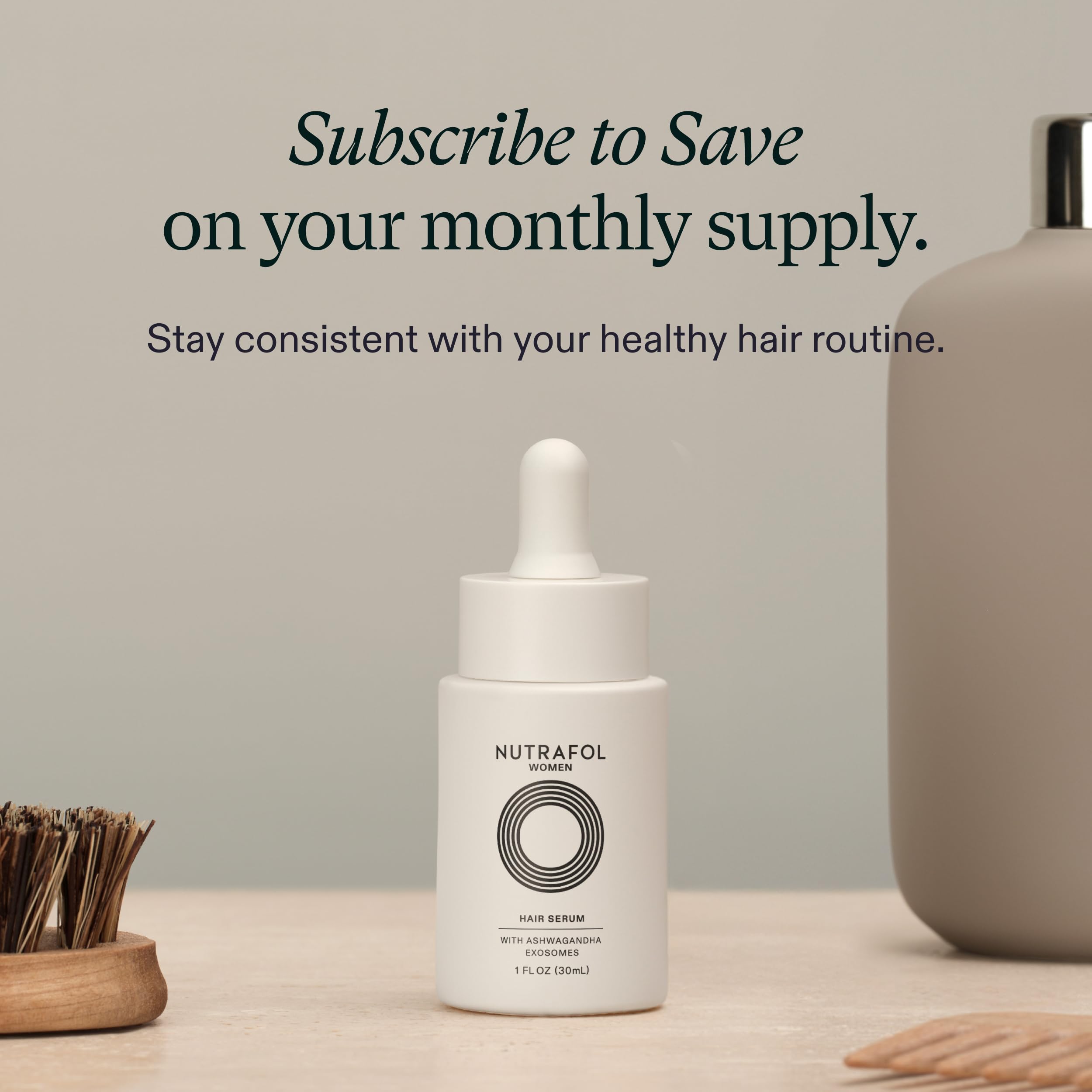 Nutrafol bottle with supplements showing complementary topical and oral routine advantage