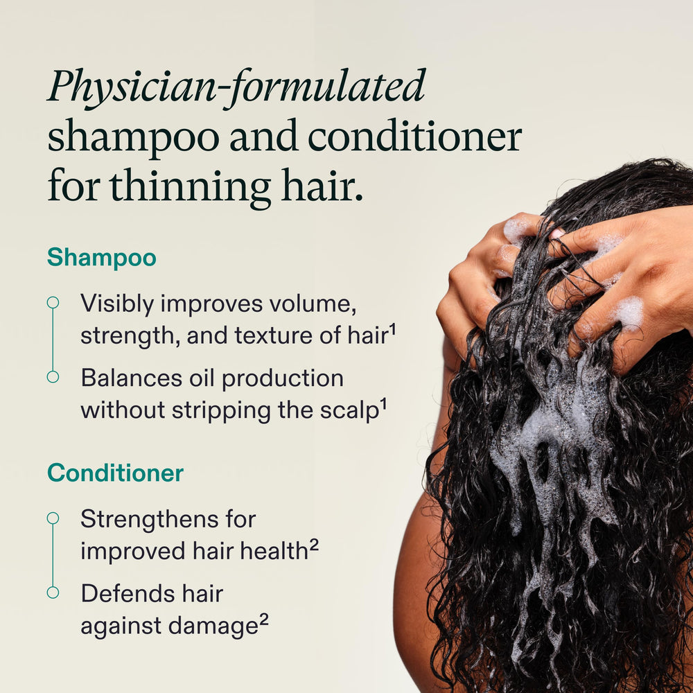 Nutrafol conditioner bottle close-up showing formula and strengthening benefit