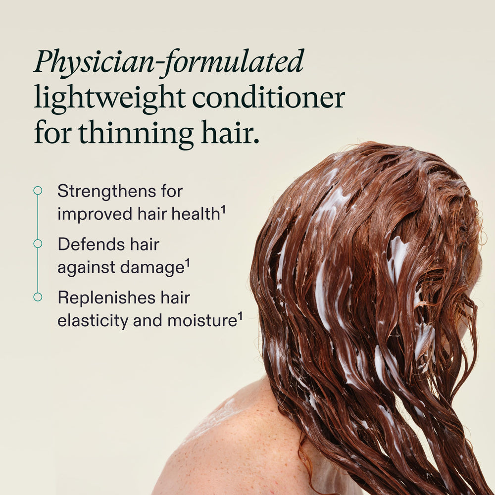 Nutrafol conditioner bottle held in hand to indicate 8.1 fl oz size and travel-friendly scale