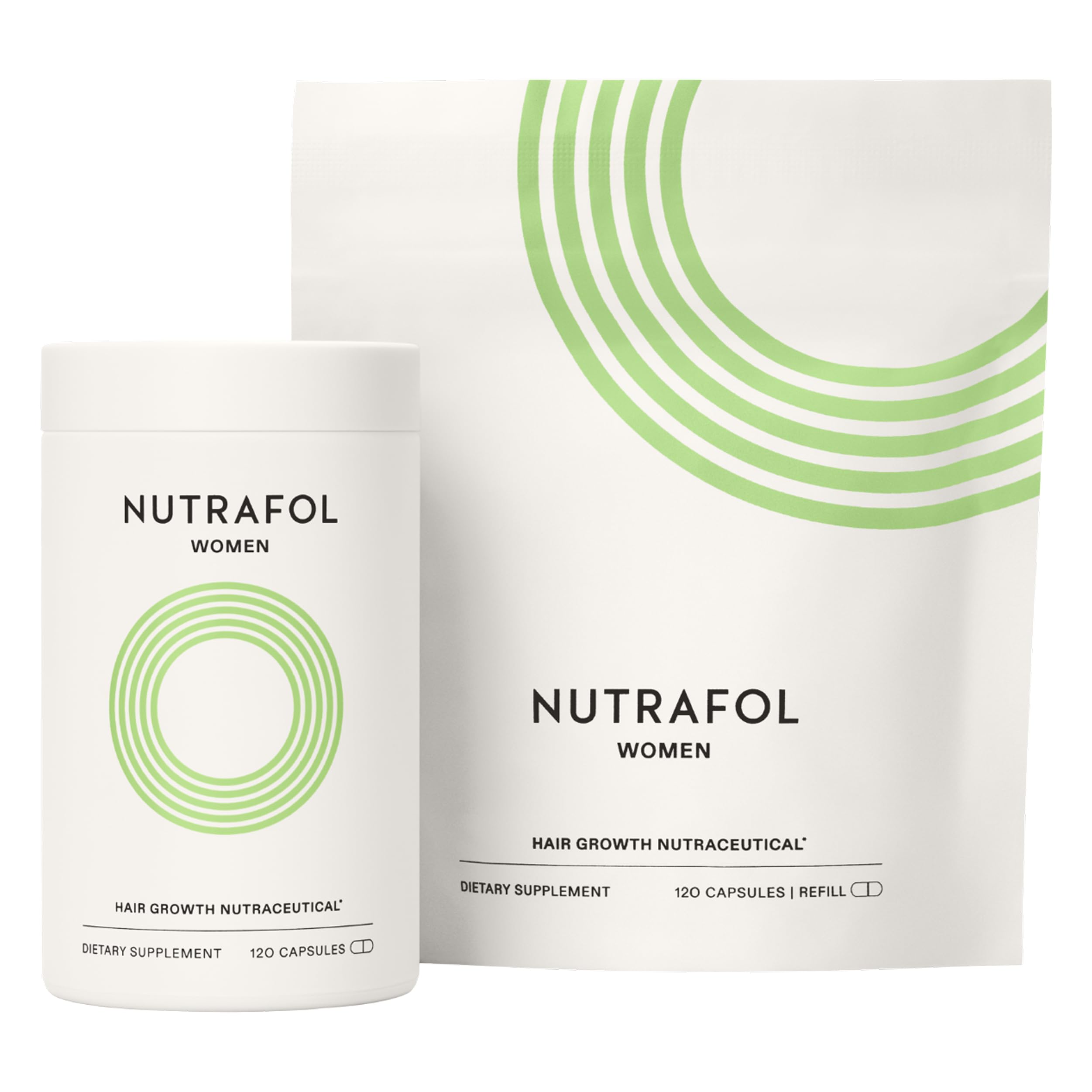 Nutrafol front packaging bottle and pouch showing sustainable refill benefit
