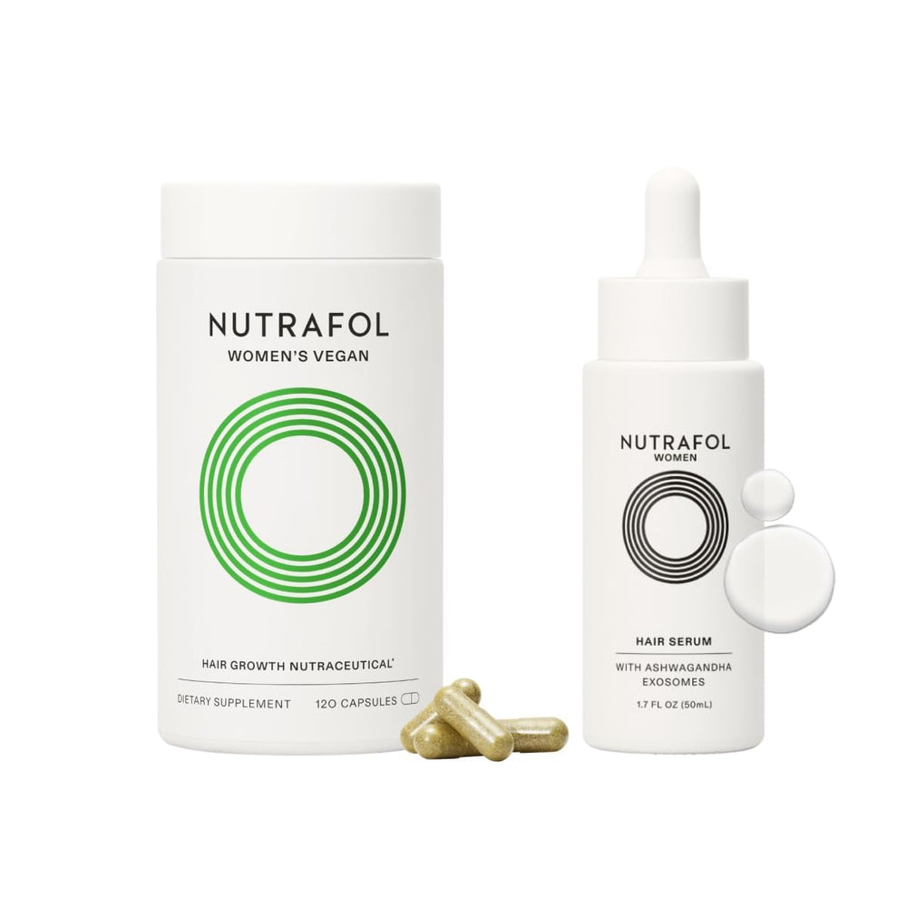 Nutrafol kit front packaging showing vegan supplement and serum benefits