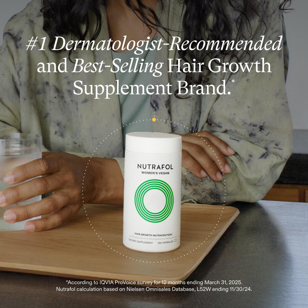 Nutrafol jar with two refill pouches highlighting sustainable refill system and convenience