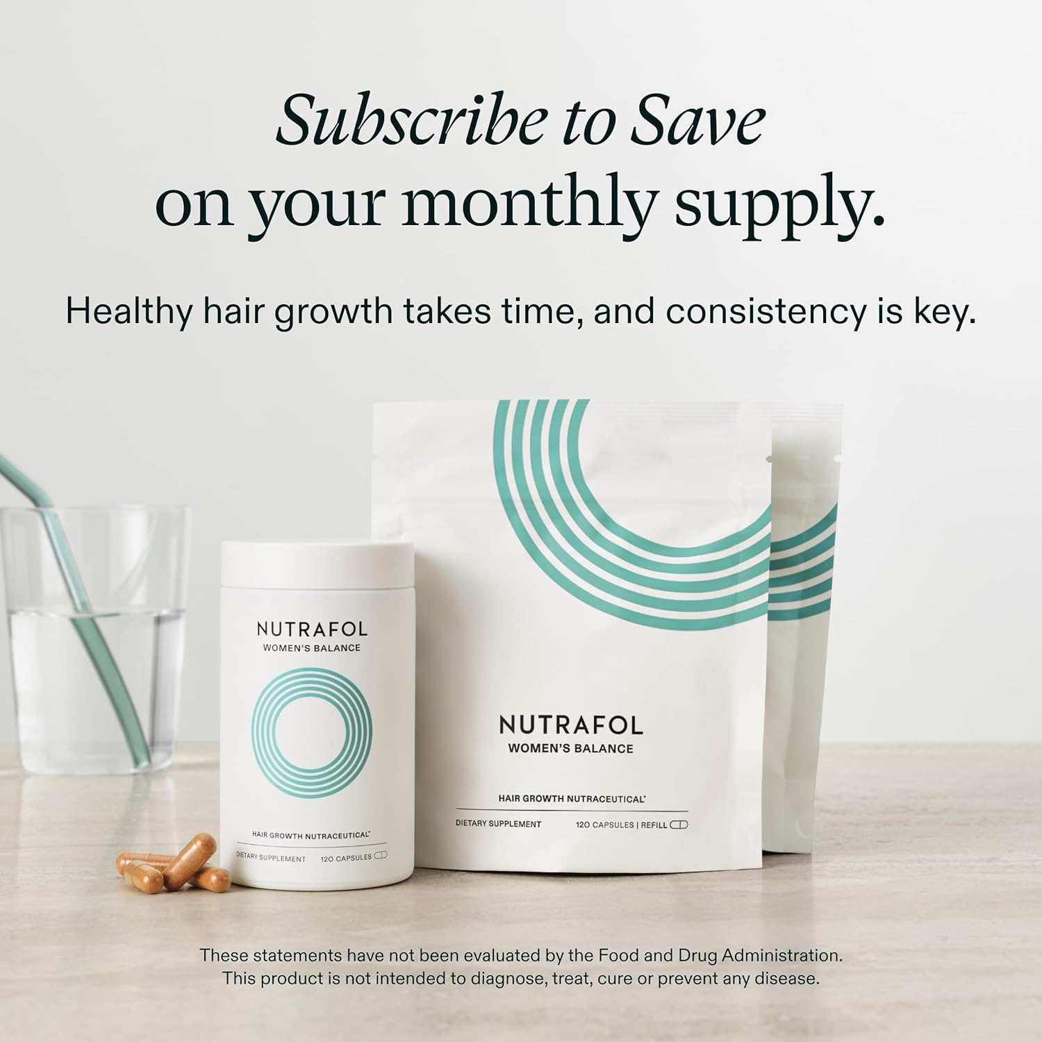 Pouring a Nutrafol pouch into a jar to refill and maintain routine