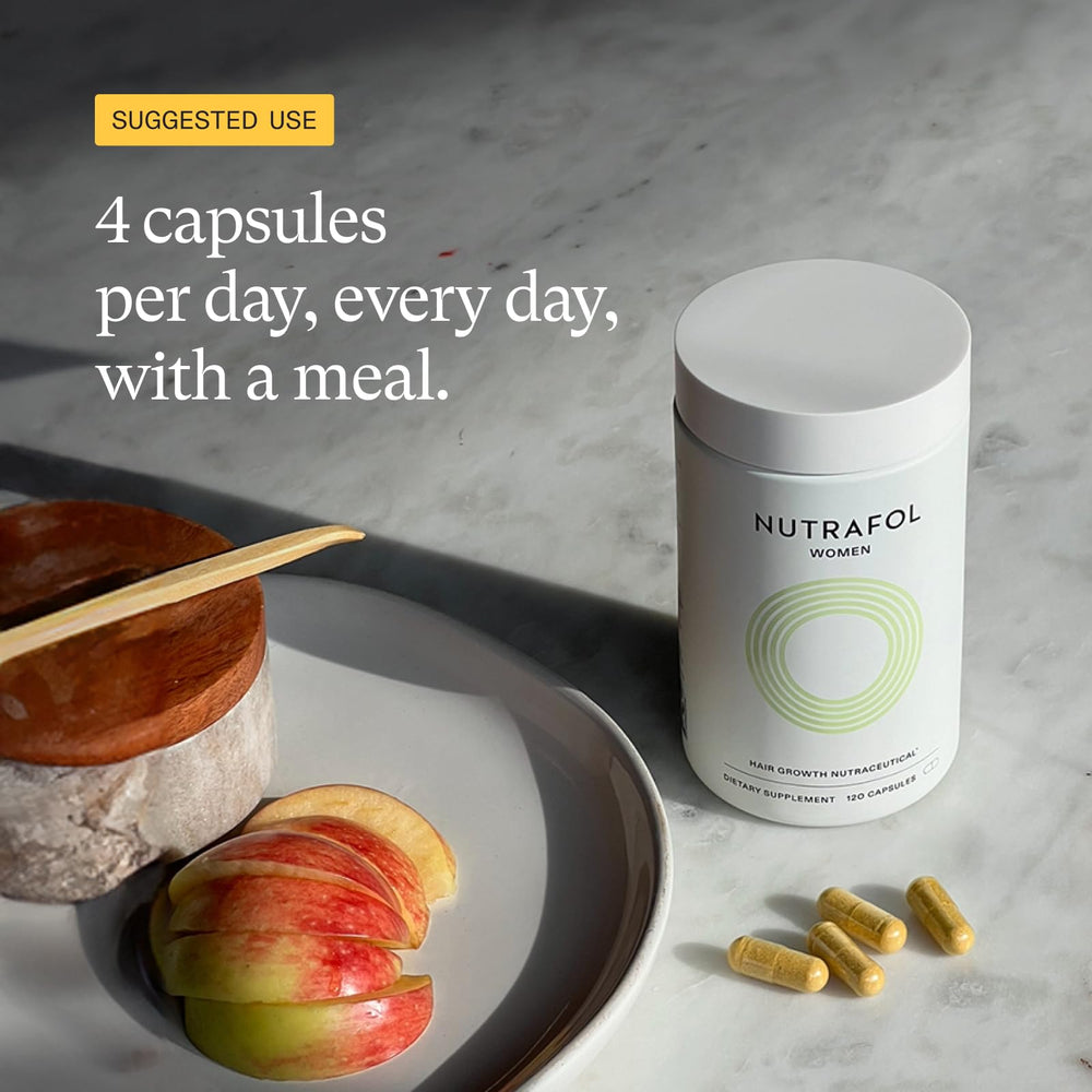 Nutrafol jar on bathroom counter in natural light showing daily routine benefit