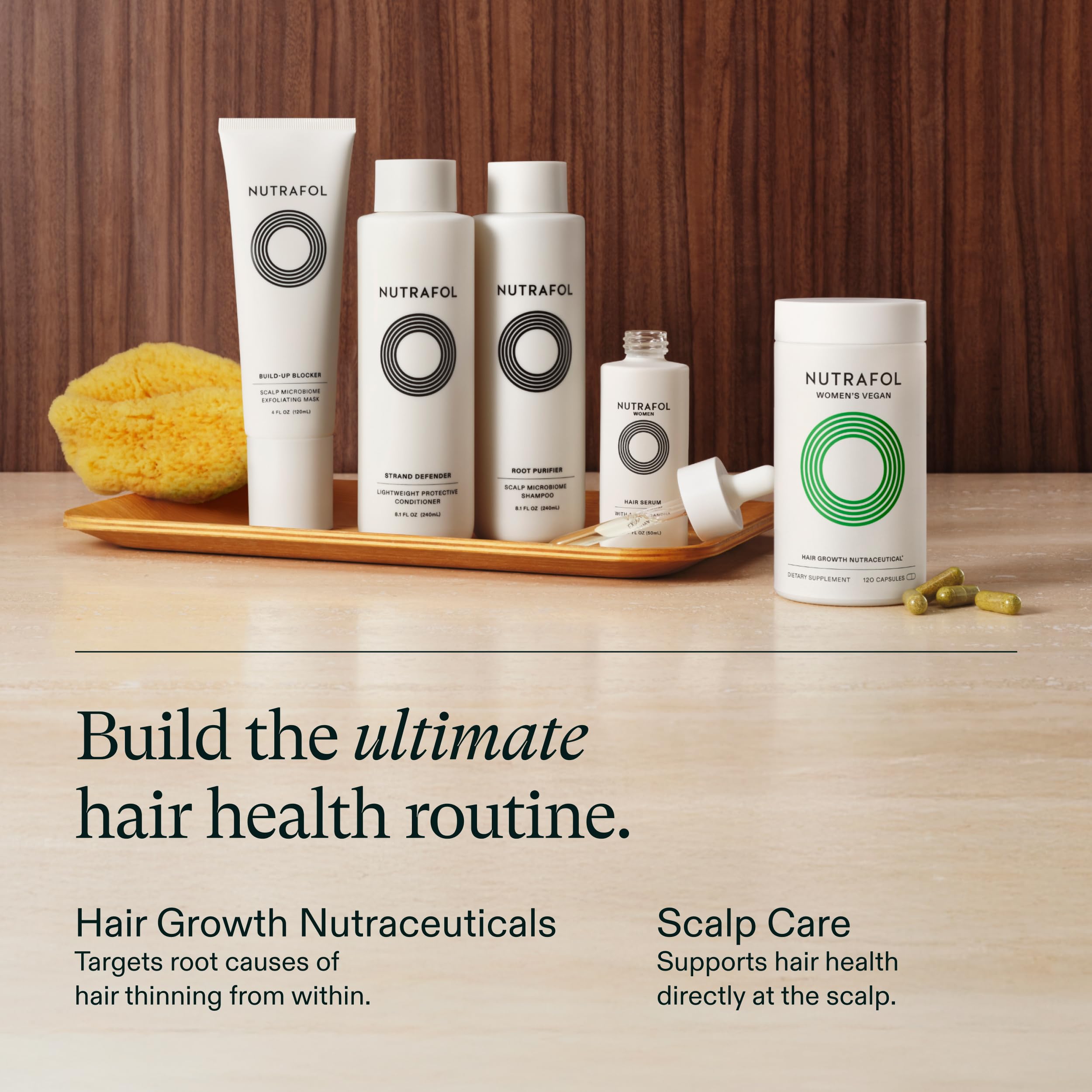 Nutrafol serum on bathroom vanity in lifestyle scene for daily routine integration