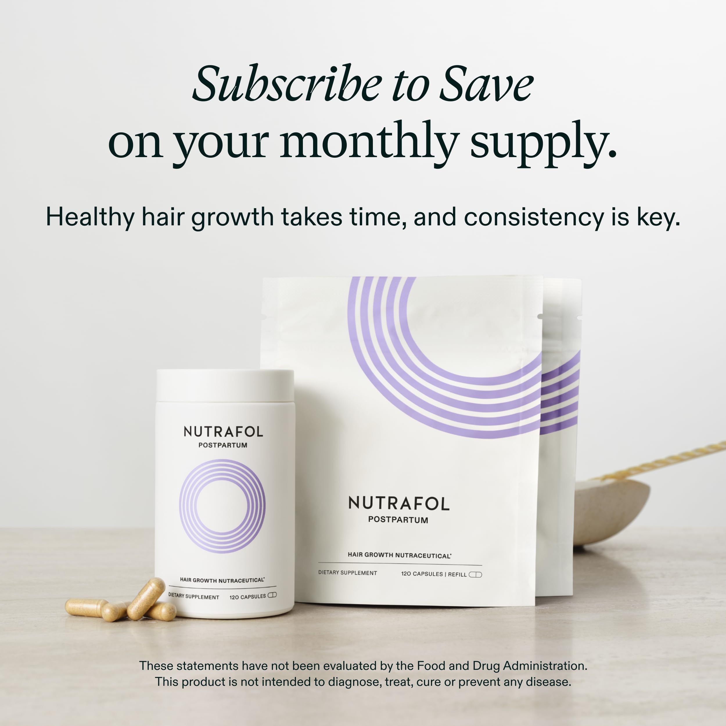 New mother taking Nutrafol supplement as part of postpartum routine