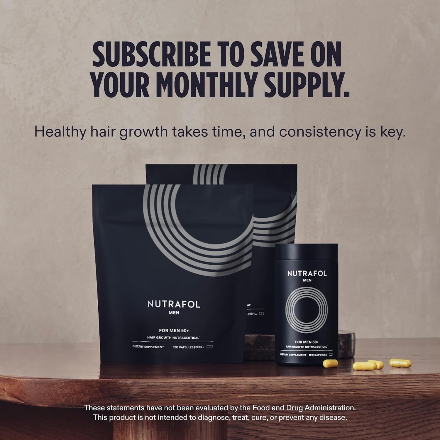 Nutrafol Men 50+ man taking capsules demonstrating simple daily use benefit