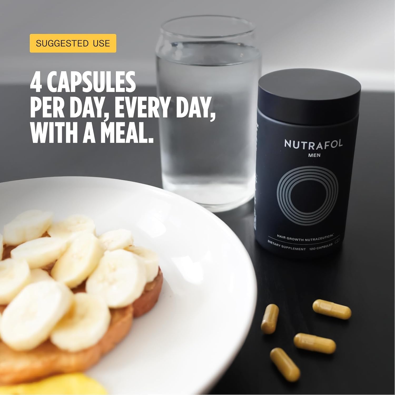 Nutrafol on bathroom counter in lifestyle scene signaling daily habit benefit