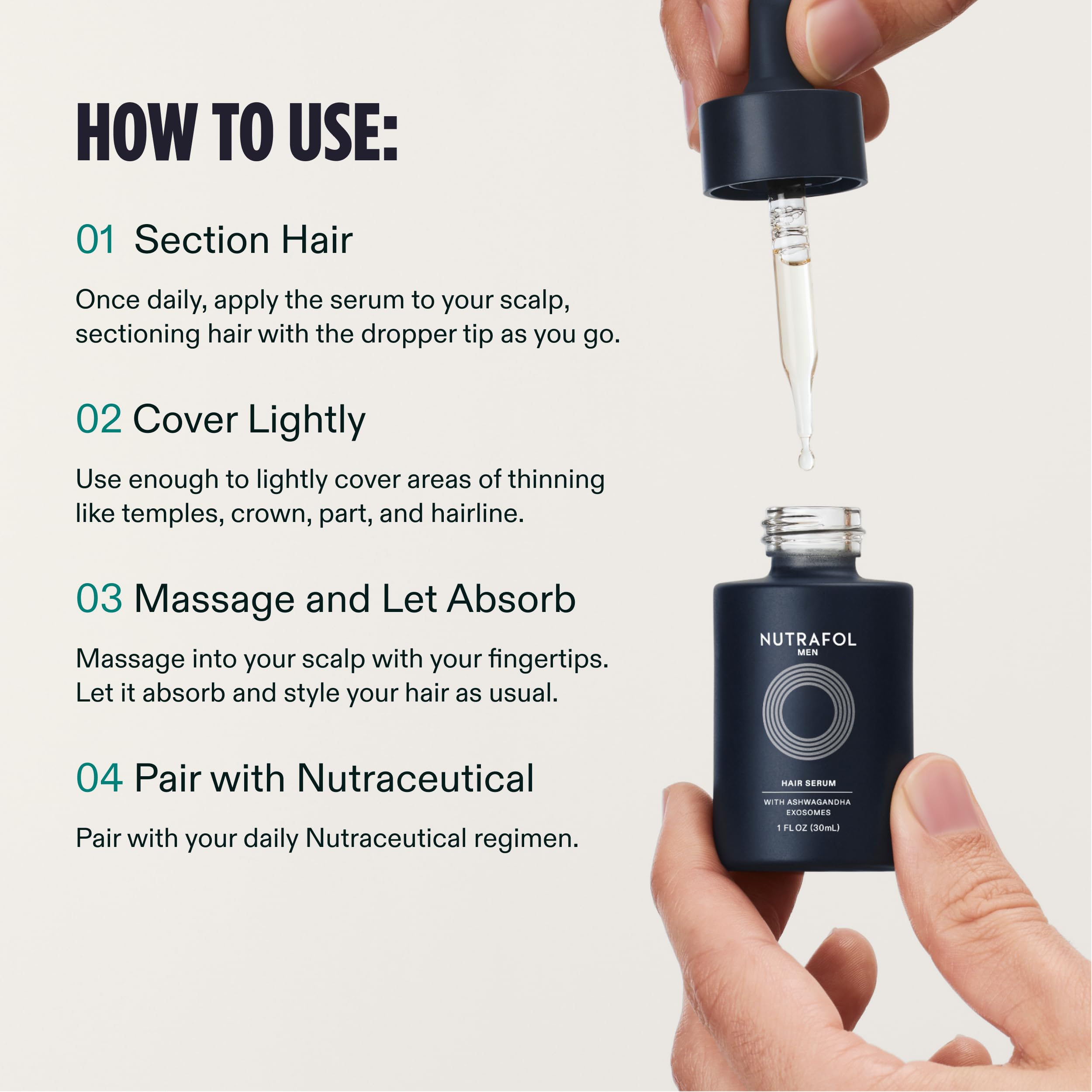 Nutrafol in bathroom routine scene illustrating seamless layering under styling products