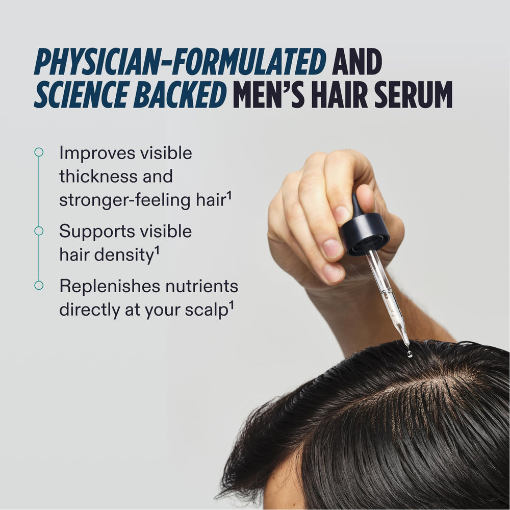 Nutrafol serum texture on fingertip highlighting lightweight, fast-absorbing formulation benefit
