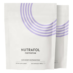 Nutrafol front packaging showing postpartum supplement benefits and dosage