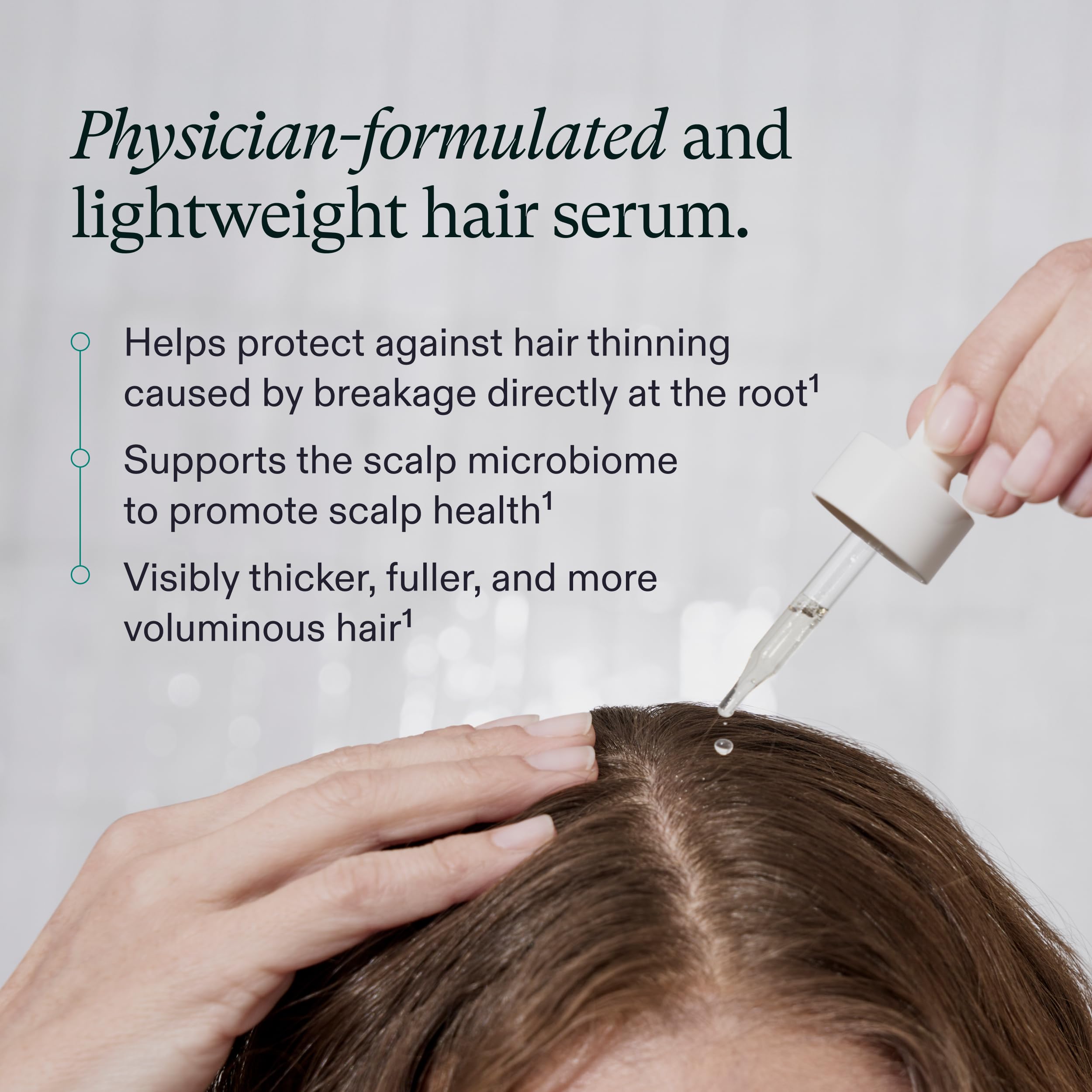 Nutrafol serum texture on hand demonstrating fast-absorbing, lightweight feel