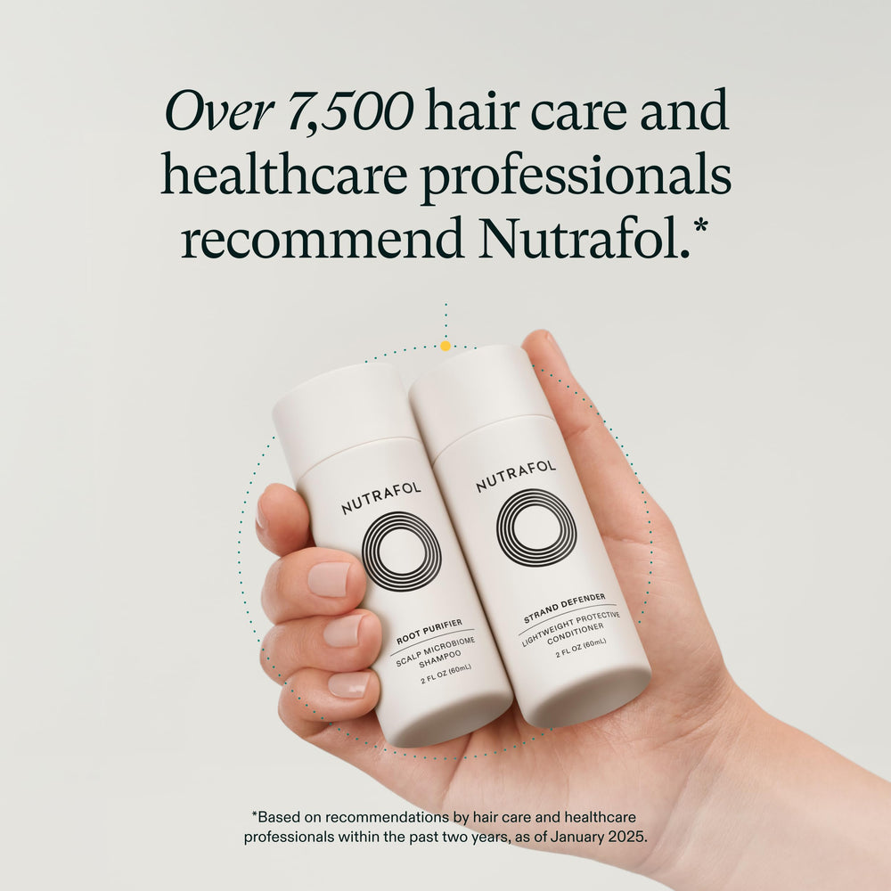 Nutrafol shampoo bottle close-up highlighting label and gentle cleansing benefit