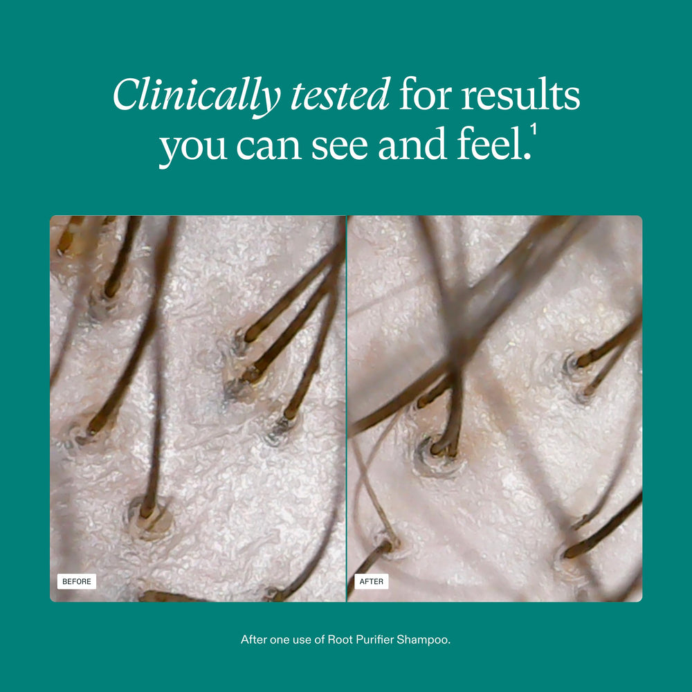 Nutrafol shampoo being applied in shower, illustrates gentle cleansing and oil removal