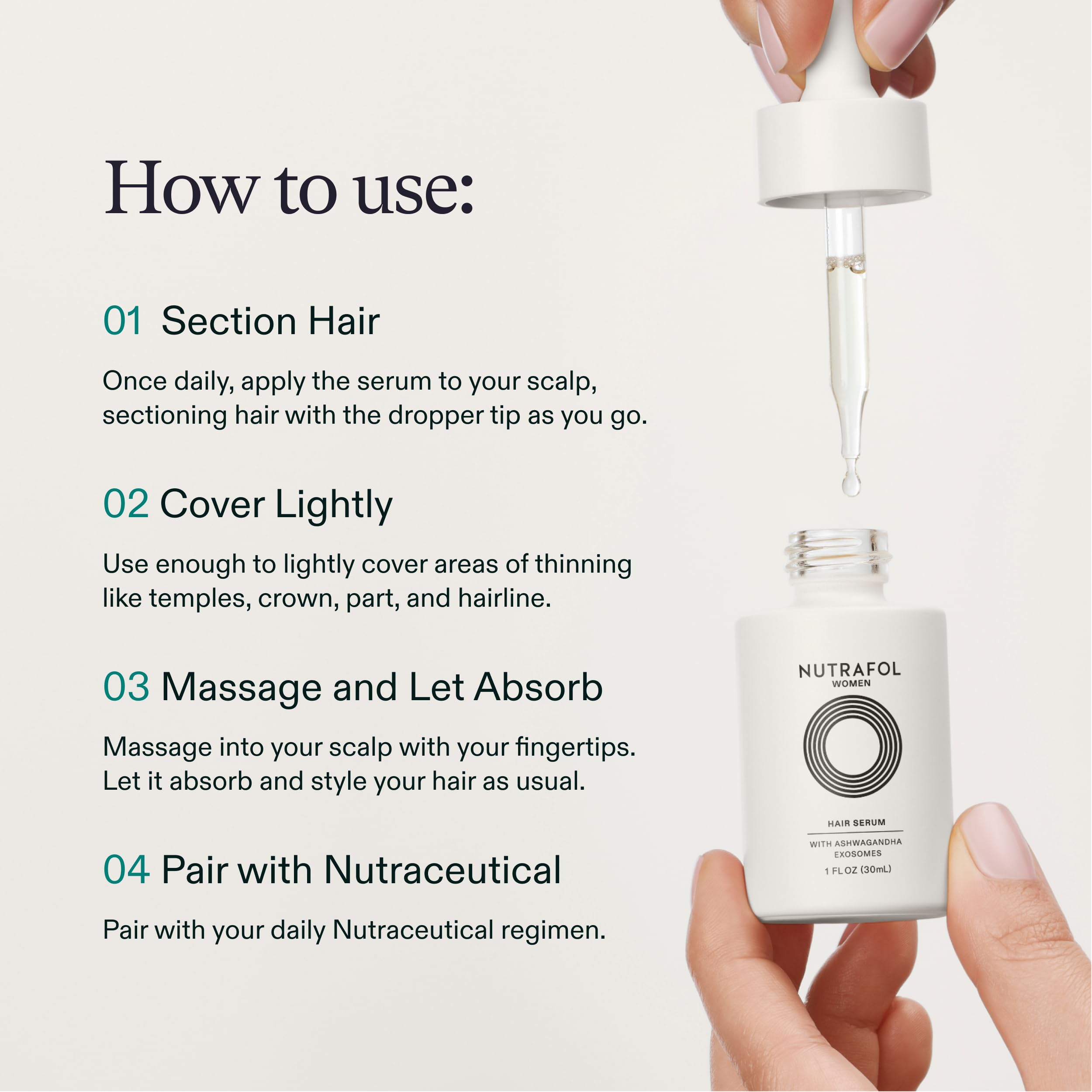 Nutrafol size comparison in hand illustrating the compact 1 fl oz travel-friendly benefit