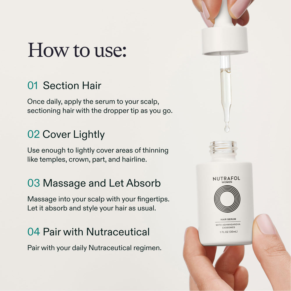Nutrafol size comparison in hand illustrating the compact 1 fl oz travel-friendly benefit