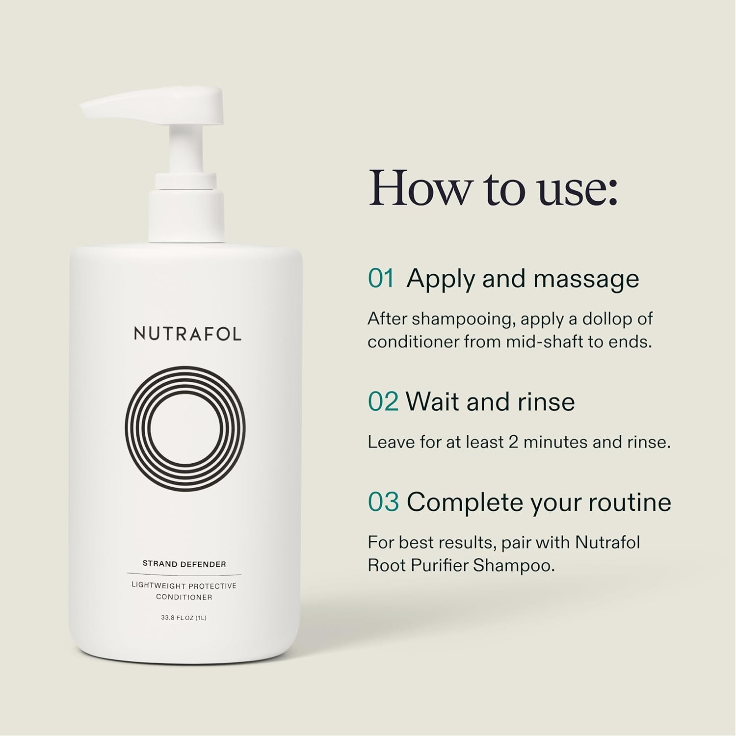 Nutrafol 1L bottle beside a standard-sized conditioner, demonstrating larger volume value