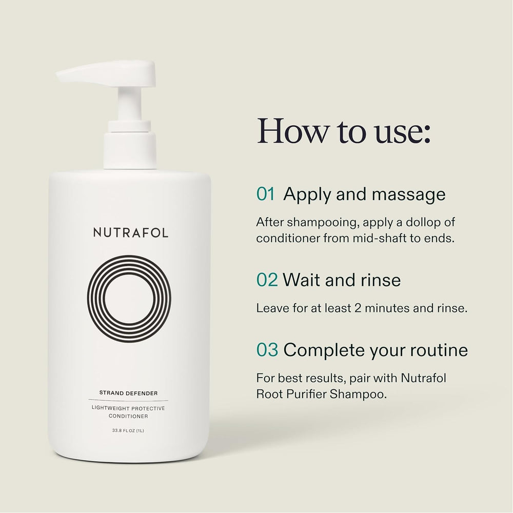 Nutrafol 1L bottle beside a standard-sized conditioner, demonstrating larger volume value