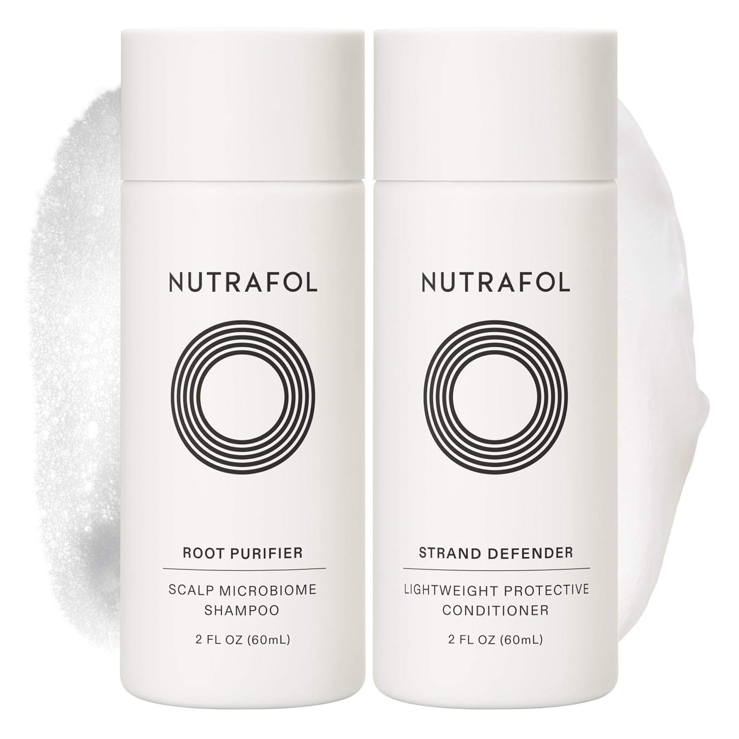 Nutrafol travel front packaging showing duo bottles and travel-ready benefit