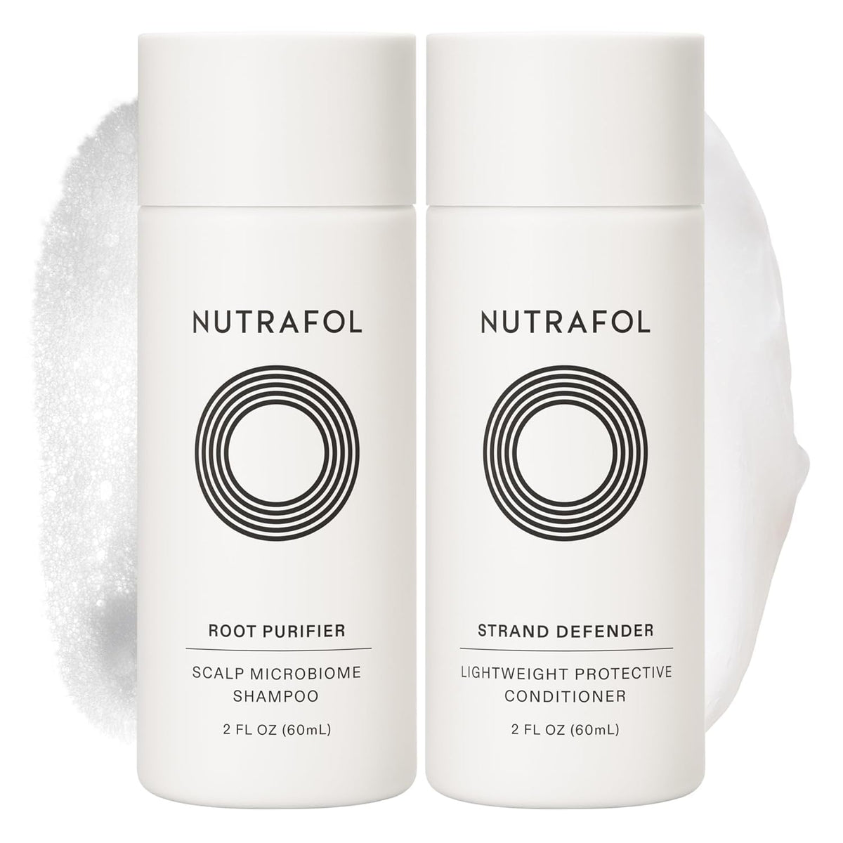 Nutrafol travel front packaging showing duo bottles and travel-ready benefit