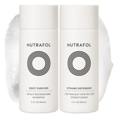 Nutrafol travel front packaging showing duo bottles and travel-ready benefit
