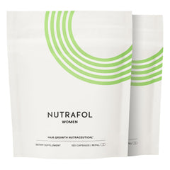Nutrafol Women bottle close-up with capsules promoting fuller hair.