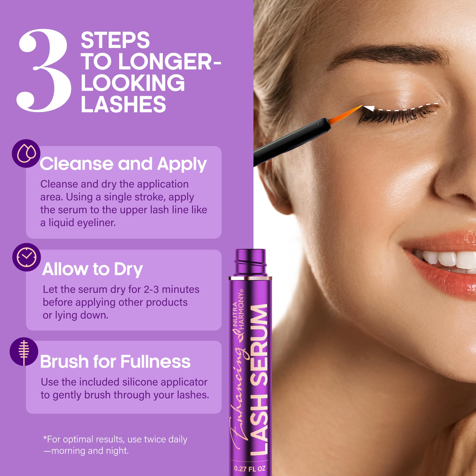 NutraHarmony before-after-lashes illustrates potential longer, fuller look with regular use.